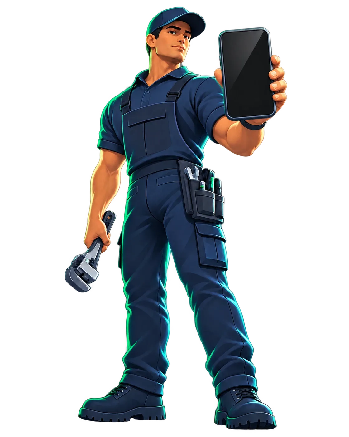 A tradesman in navy overalls holding up a phone, pipe wrench in his other hand.